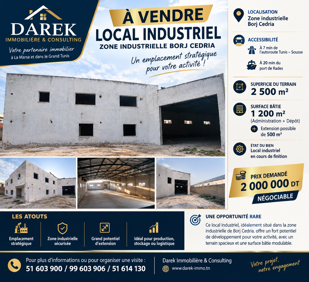 Hammam Chatt&nbsp;Borj Cedria&nbsp;Bureaux & Commerces&nbsp;Atelier,Garage&nbsp;Local industriel dans la zi de borj cedria