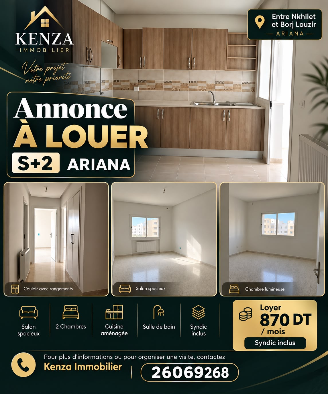 La Soukra&nbsp;Borj Louzir&nbsp;Location&nbsp;Appart. 3 pi�ces&nbsp;Splus2 ariana