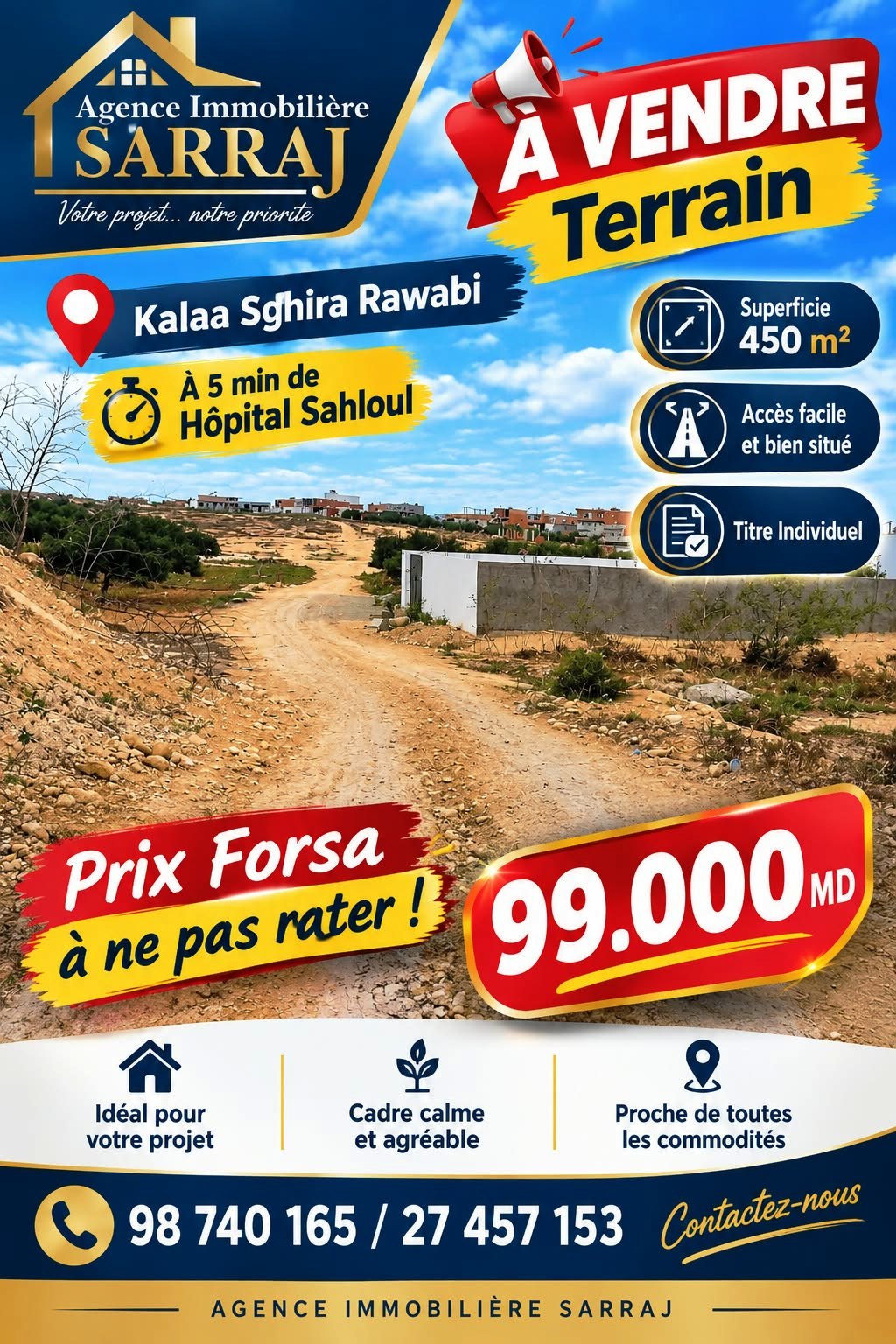 Kalaa Essghira&nbsp;Kalaa Essghira&nbsp;Terrain&nbsp;Terrain nu&nbsp;Offre terrain 450m � kalaa seghira rawabi