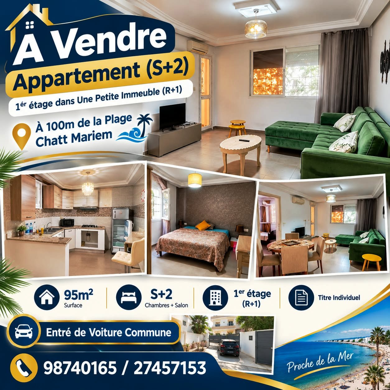Akouda&nbsp;Chatt Meriem&nbsp;Vente&nbsp;Appart. 3 pi�ces&nbsp;Appartement s2 proche de la plage chatt mariem