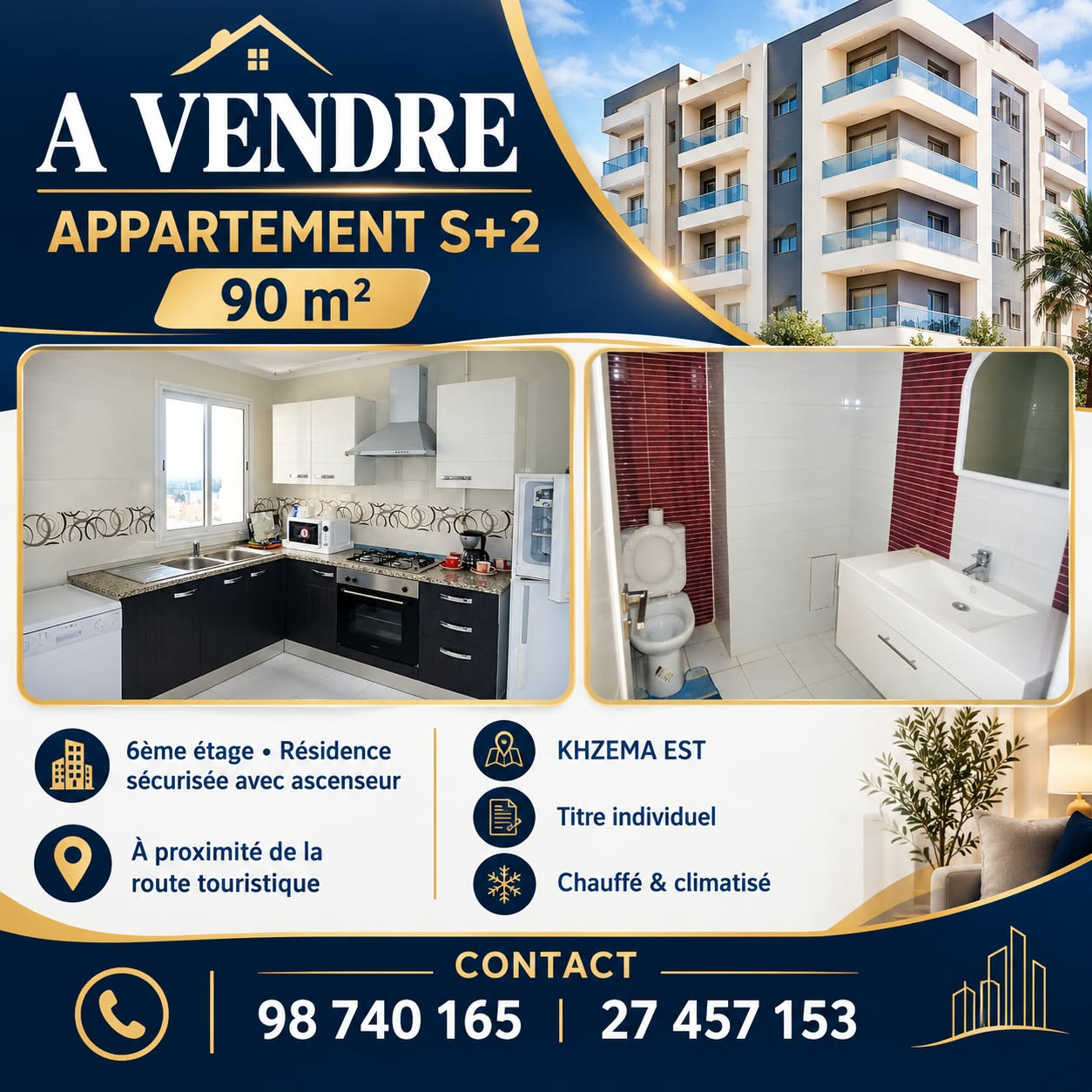 Sousse Jaouhara&nbsp;Sousse Khezama&nbsp;Vente&nbsp;Appart. 3 pi�ces&nbsp;Appartement proche de la route touristique khzema
