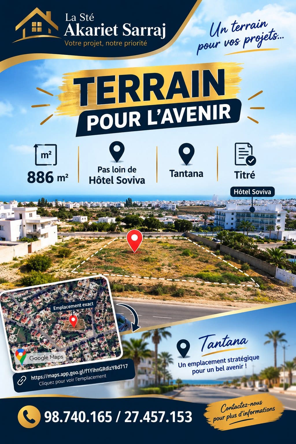 Akouda&nbsp;Chatt Meriem&nbsp;Terrain&nbsp;Terrain agricole&nbsp;Terrain pour l'avenir 886m pas loin h�tel soviva