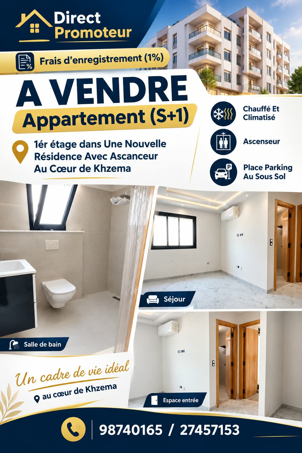 Sousse Jaouhara&nbsp;Sousse Khezama&nbsp;Vente&nbsp;Appart. 2 pi�ces&nbsp;Direct promoteur appartement s1 au coeur de khzema