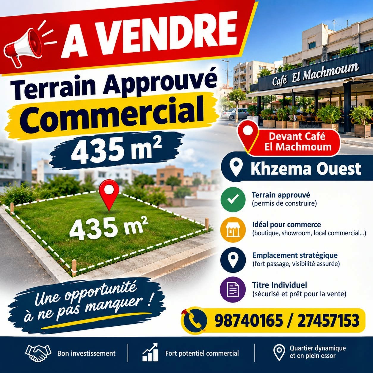 Sousse Jaouhara&nbsp;Khezama Ouest&nbsp;Terrain&nbsp;Terrain nu&nbsp;Terrain approuv� commercial 435m � khzema ouest
