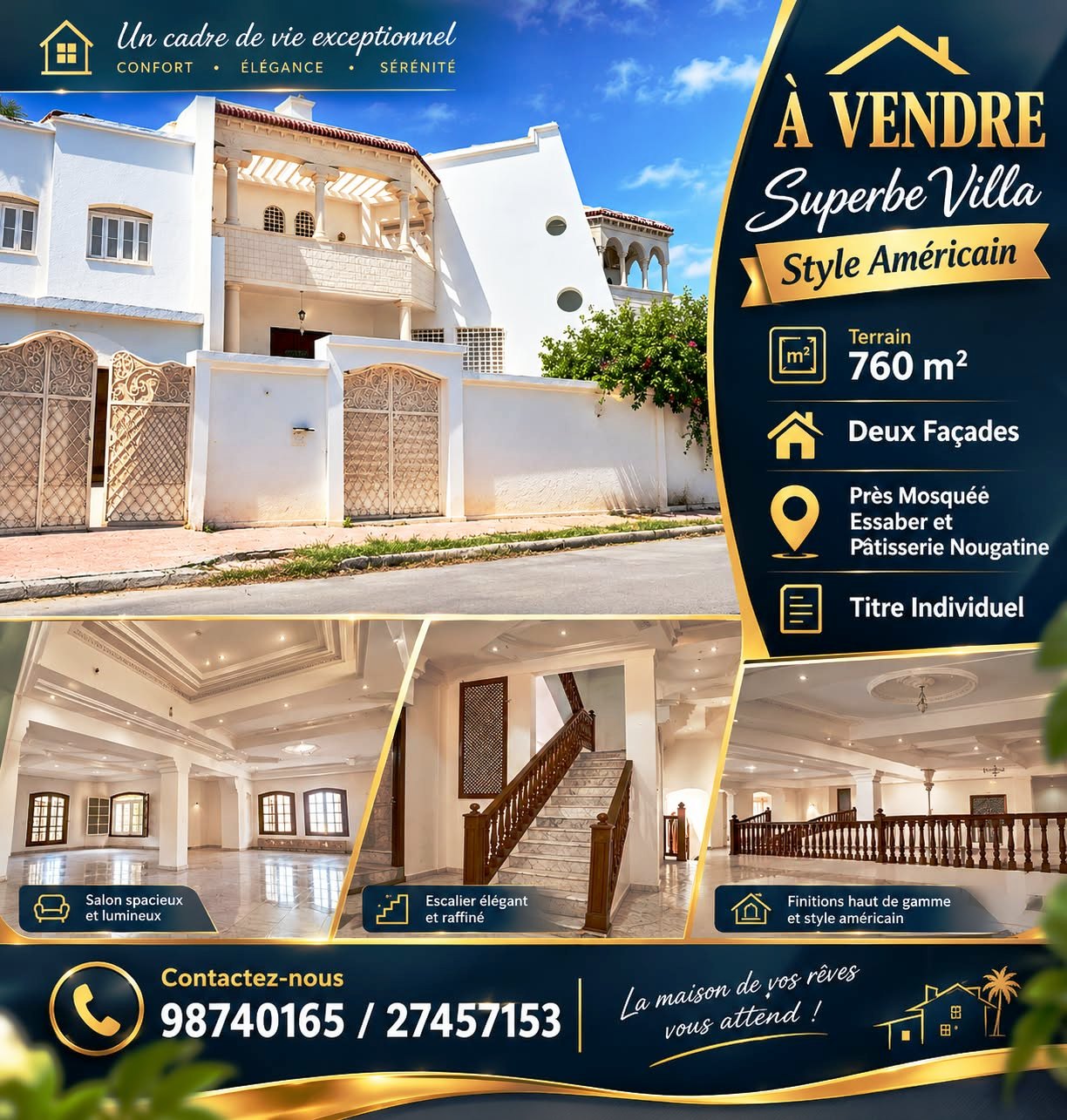 Sousse Jaouhara&nbsp;Khezama Ouest&nbsp;Vente&nbsp;Maisons&nbsp;Superbe villa style am�ricain 760m � khzema ouest