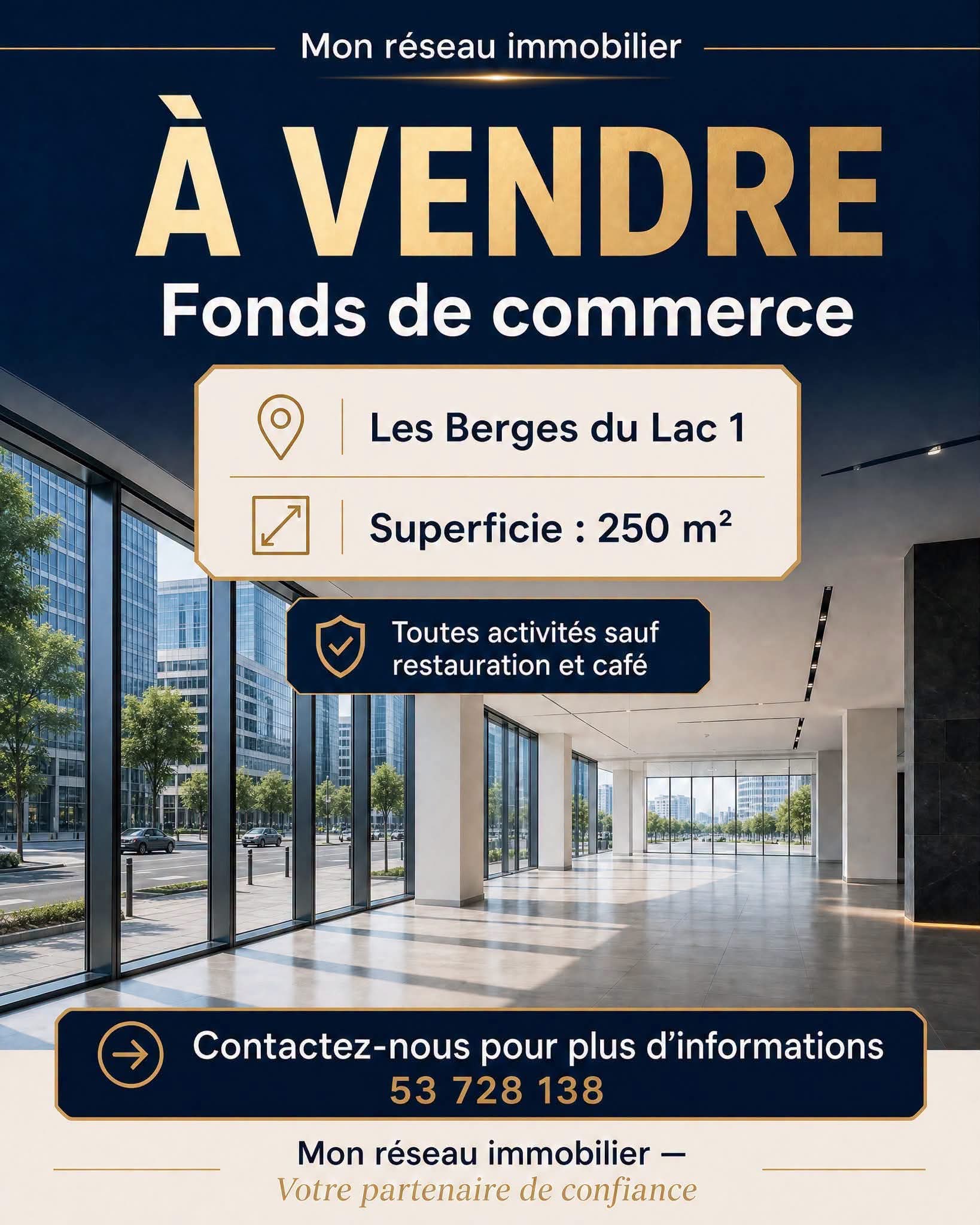 La Marsa&nbsp;Berge Du Lac&nbsp;Bureaux & Commerces&nbsp;Fond de Commerce&nbsp;Fond de commerce 250 m au berge du lac 1
