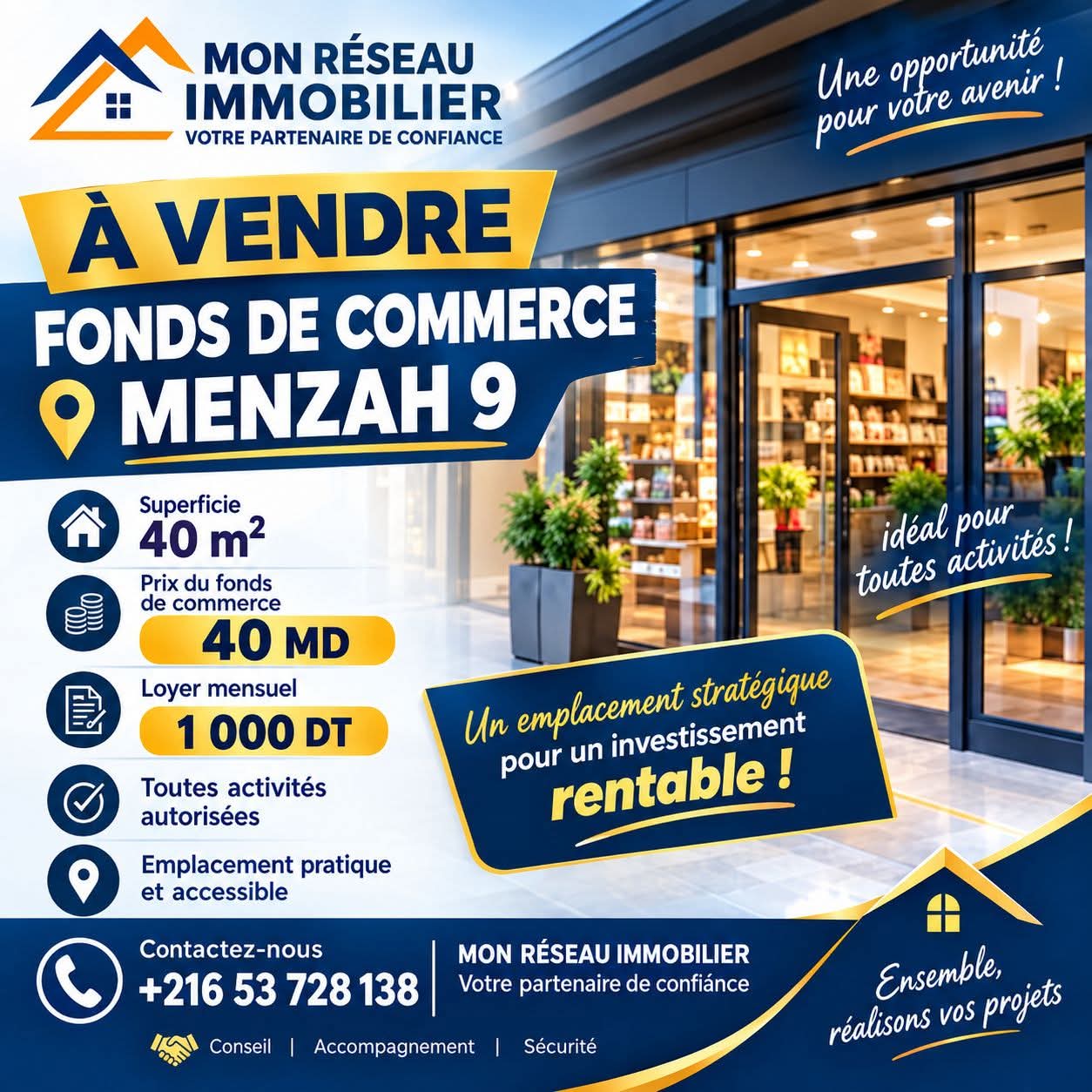 El Menzah&nbsp;El Menzah 9&nbsp;Bureaux & Commerces&nbsp;Fond de Commerce&nbsp;Fond de commerce 40 m2 menzah 9
