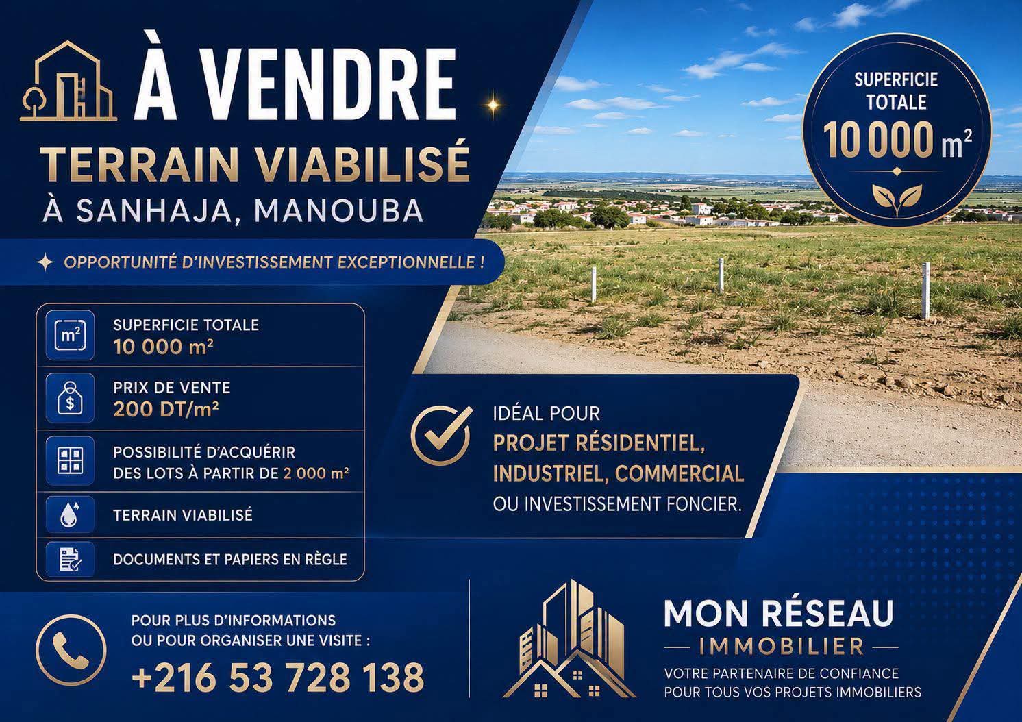 Mannouba&nbsp;La Mannouba&nbsp;Terrain&nbsp;Terrain nu&nbsp;Terrain sanhaja 200 dinars le m2
