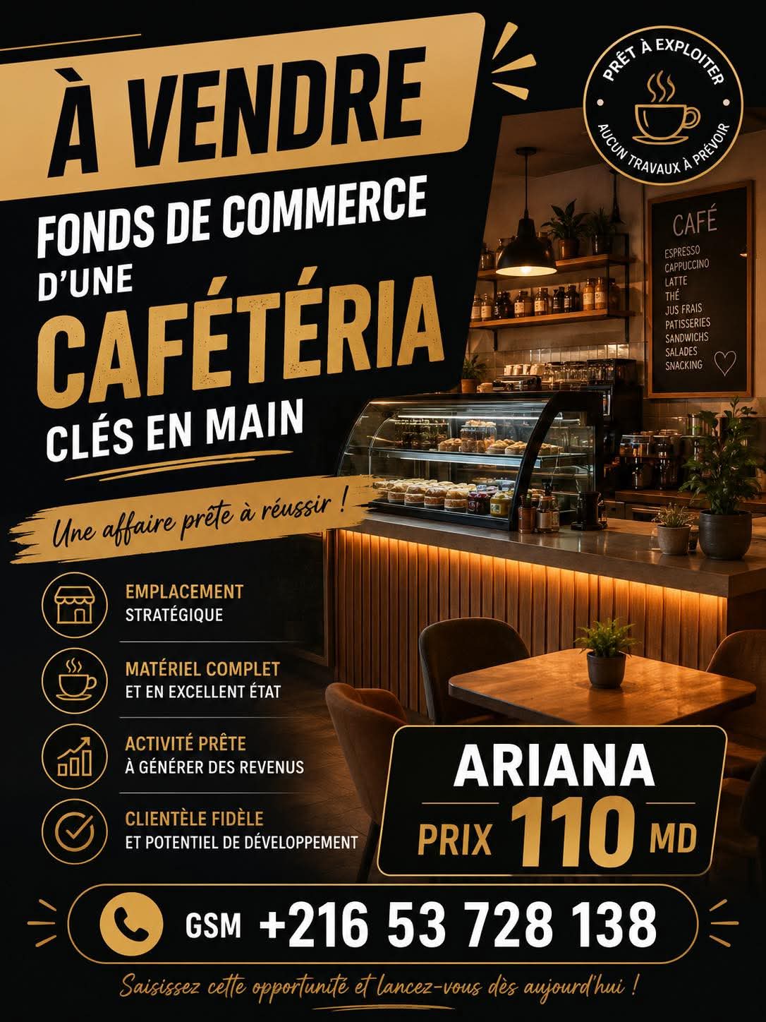 Ariana Ville&nbsp;Ariana&nbsp;Bureaux & Commerces&nbsp;Fond de Commerce&nbsp;Fonds de commerce ariana 110 md