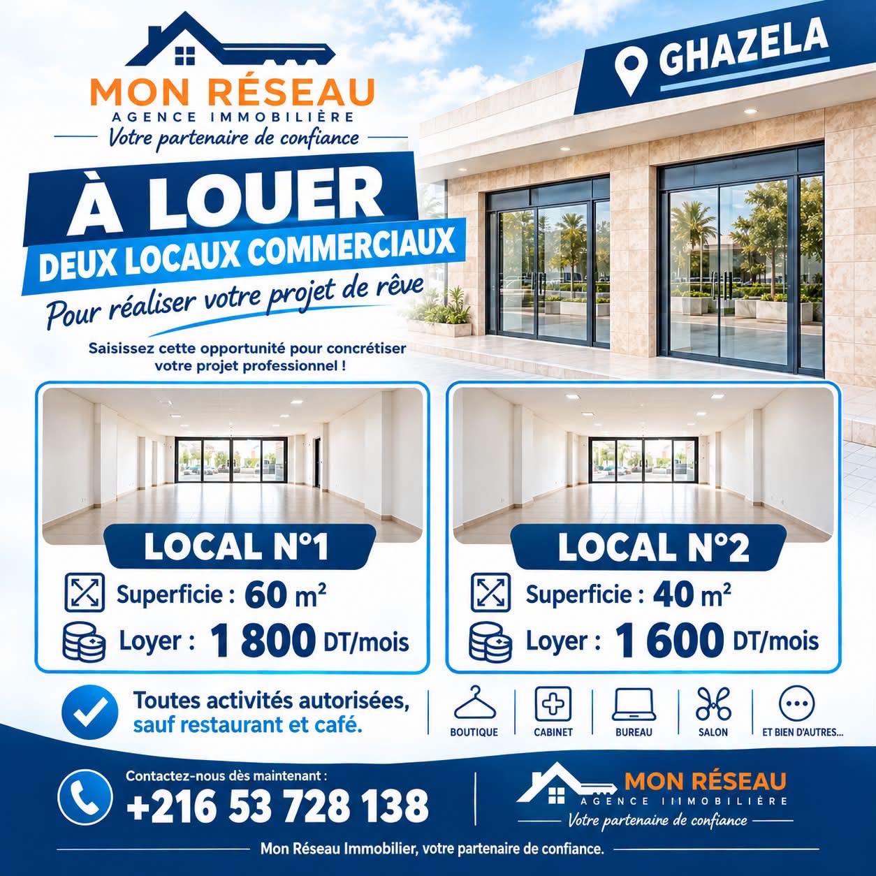 Raoued&nbsp;Cite El Ghazala 2&nbsp;Location&nbsp;Autre&nbsp;Deux locaux commerciaux ghazela