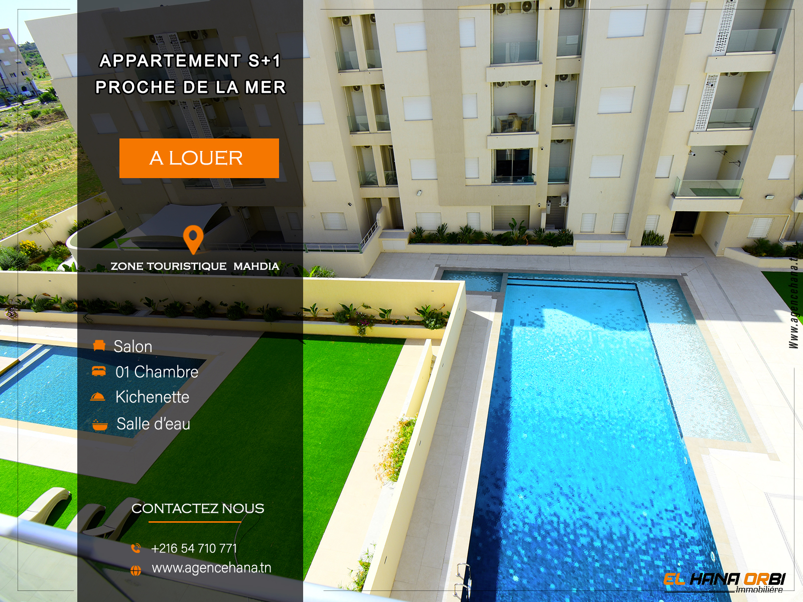 Mahdia&nbsp;Mahdia&nbsp;Location&nbsp;Appart. 1 pi�ce&nbsp;S1 avec piscine en plein zone touristique mahdia