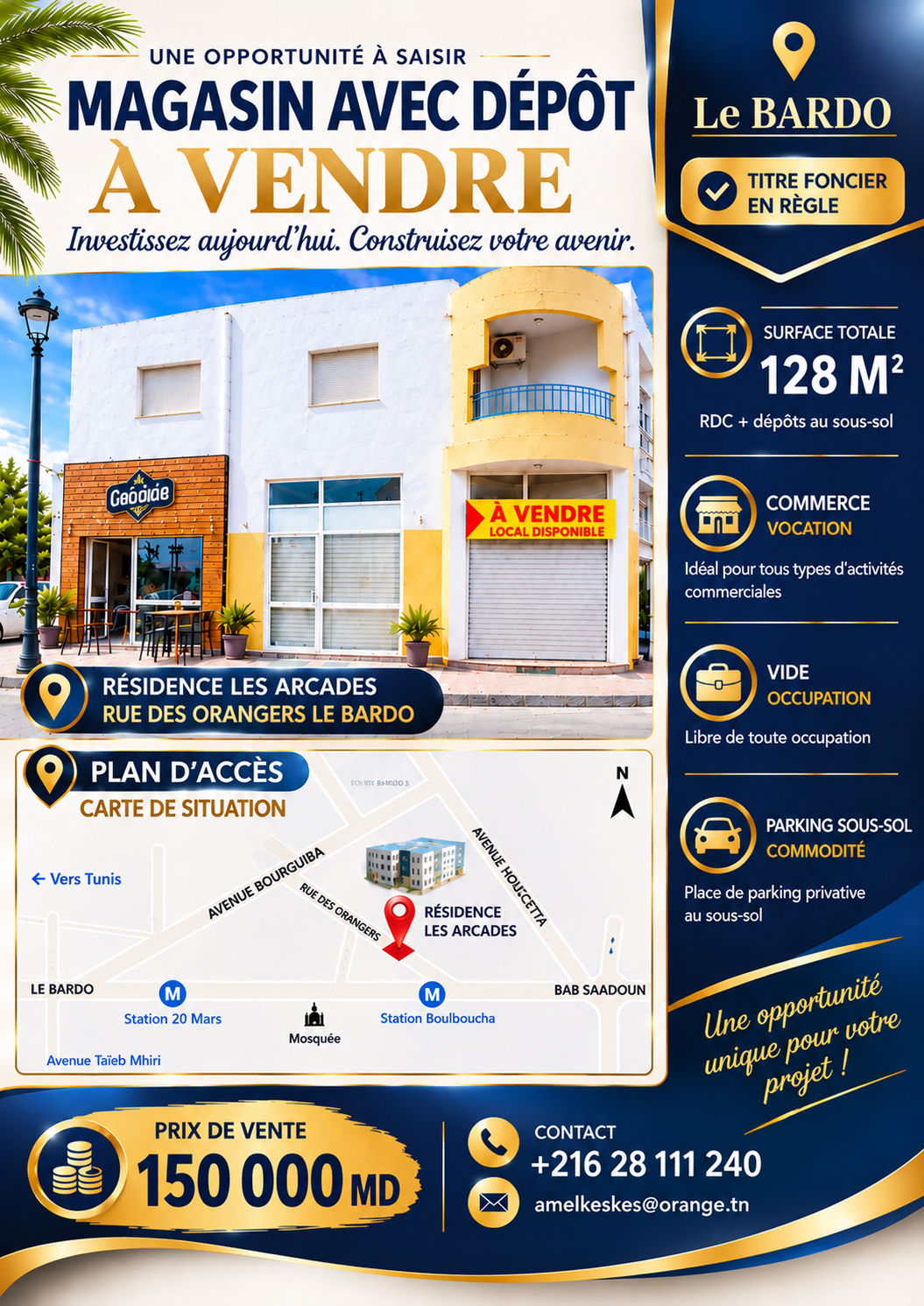 Le Bardo&nbsp;Le Bardo&nbsp;Bureaux & Commerces&nbsp;Surfaces&nbsp;Local commercial au bardo