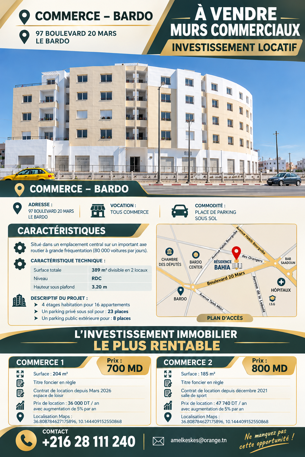 Le Bardo&nbsp;Le Bardo&nbsp;Bureaux & Commerces&nbsp;Surfaces&nbsp;2 locaux commerciaux au bardo boulevard du 20 mars