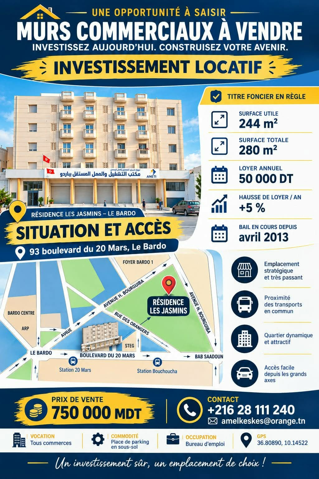 Le Bardo&nbsp;Le Bardo&nbsp;Bureaux & Commerces&nbsp;Surfaces&nbsp;Murs commerciaux au bardo